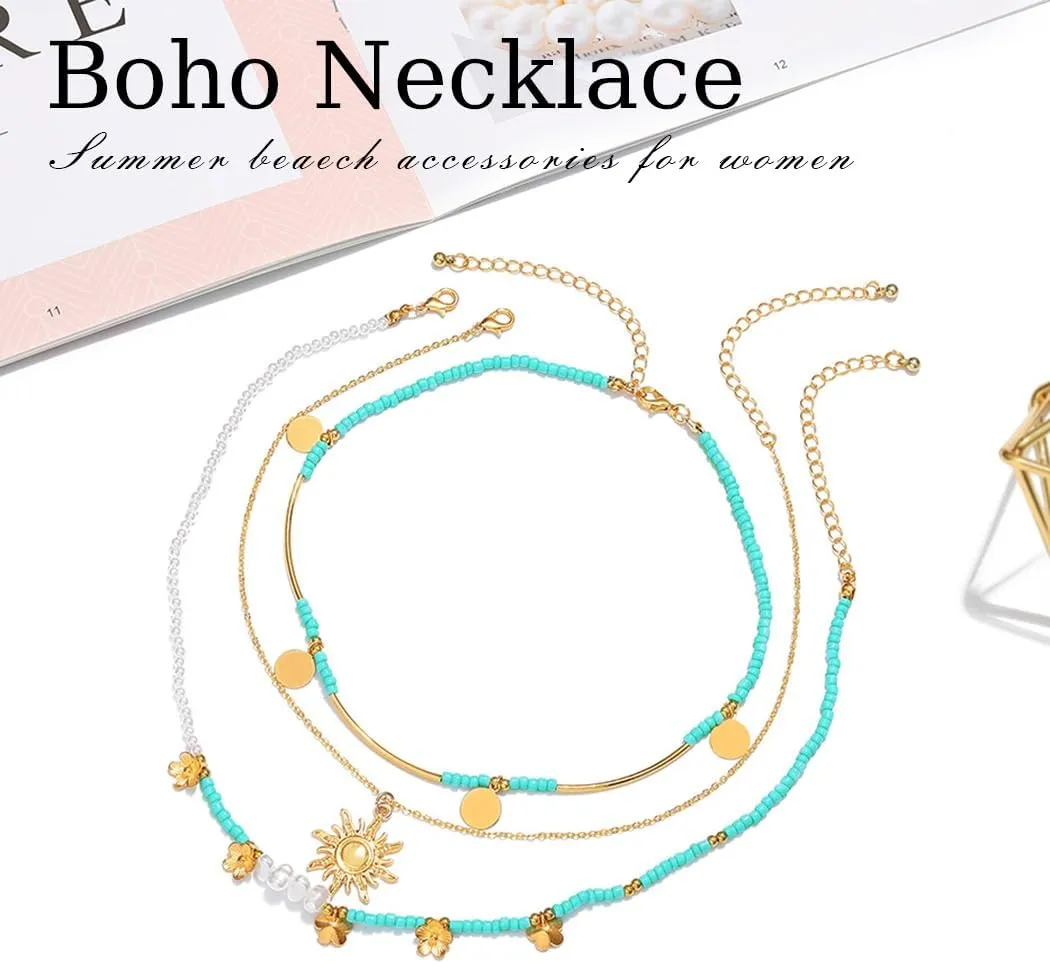 Sixexey Boho Layered Sun Necklaces Gold Neck Chain Turquoise Necklaces Chains Pearl Pendant Necklace Jewelry Summer Beach Necklace Accessories for Women