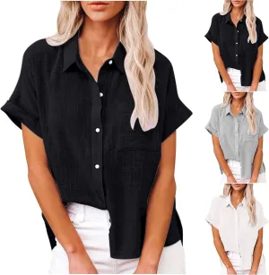 SMIDOW Womens Button Down Cotton Linen Shirts V Neck Roll Up Short Sleeve Blouses Loose Collared Shirt Casual Work Tops
