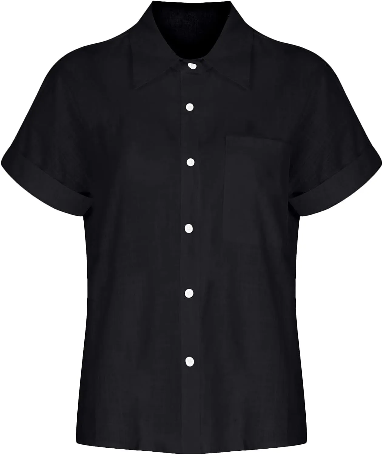 SMIDOW Womens Button Down Cotton Linen Shirts V Neck Roll Up Short Sleeve Blouses Loose Collared Shirt Casual Work Tops