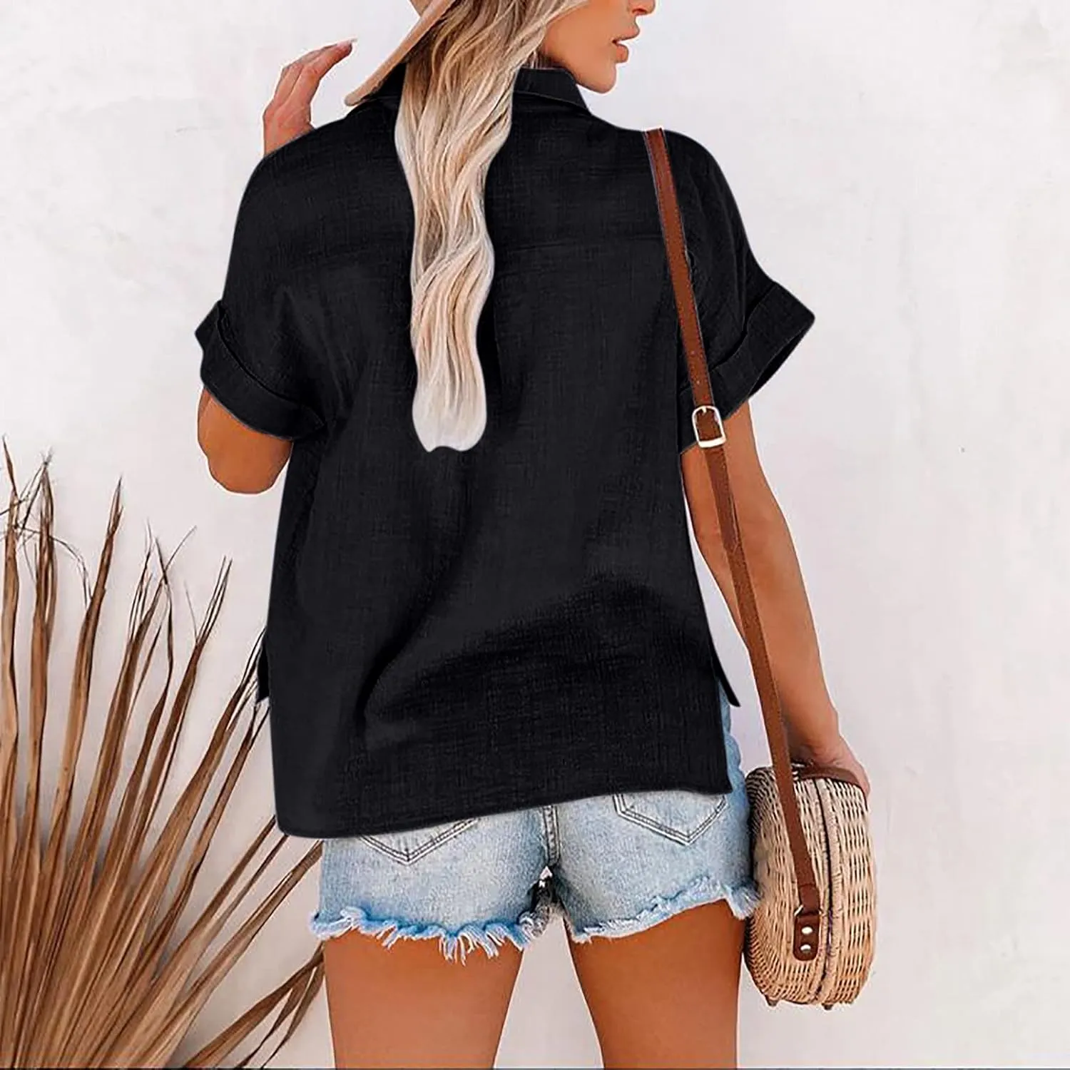 SMIDOW Womens Button Down Cotton Linen Shirts V Neck Roll Up Short Sleeve Blouses Loose Collared Shirt Casual Work Tops