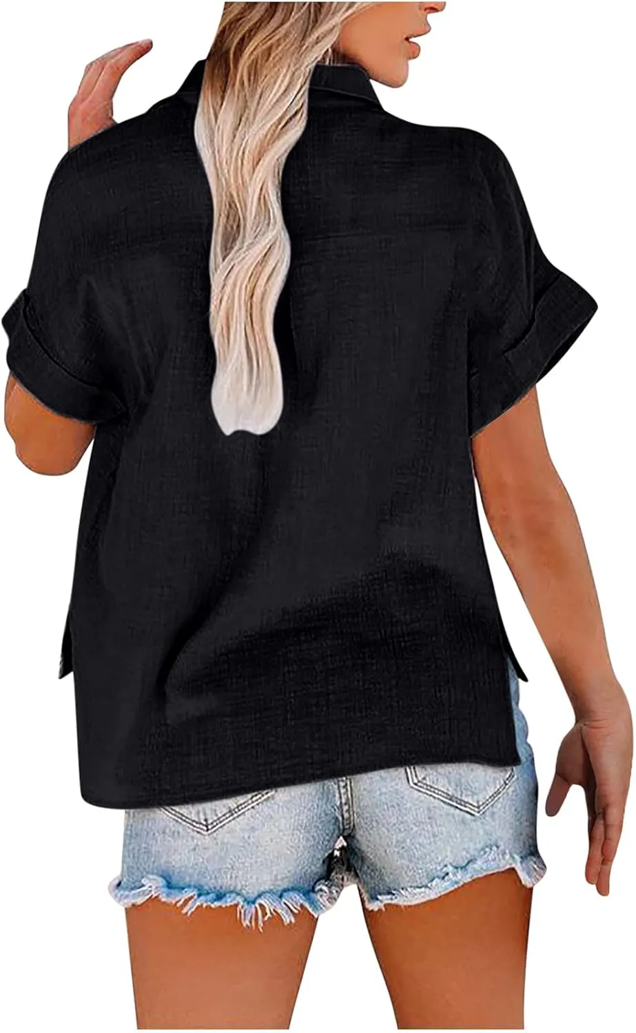 SMIDOW Womens Button Down Cotton Linen Shirts V Neck Roll Up Short Sleeve Blouses Loose Collared Shirt Casual Work Tops