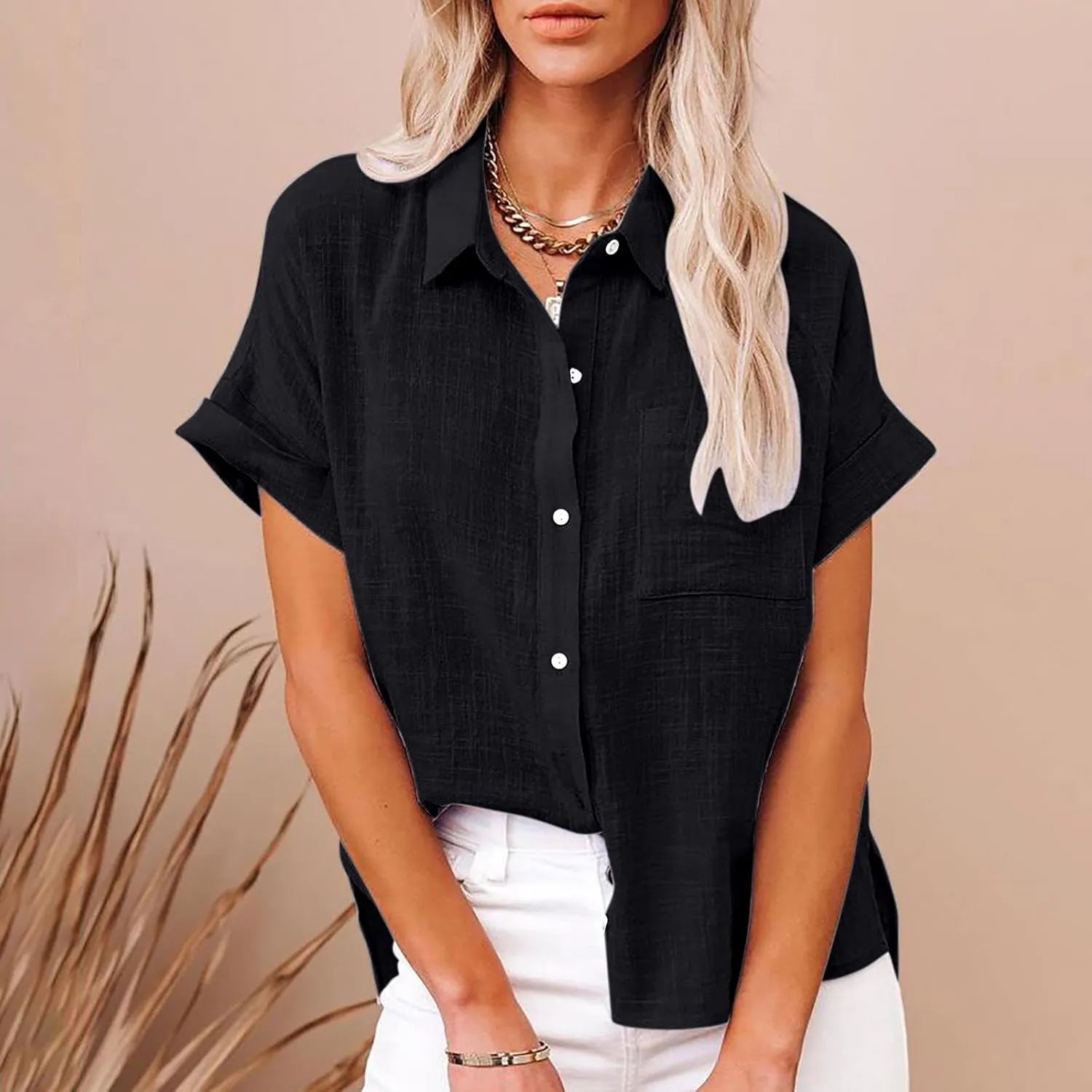 SMIDOW Womens Button Down Cotton Linen Shirts V Neck Roll Up Short Sleeve Blouses Loose Collared Shirt Casual Work Tops