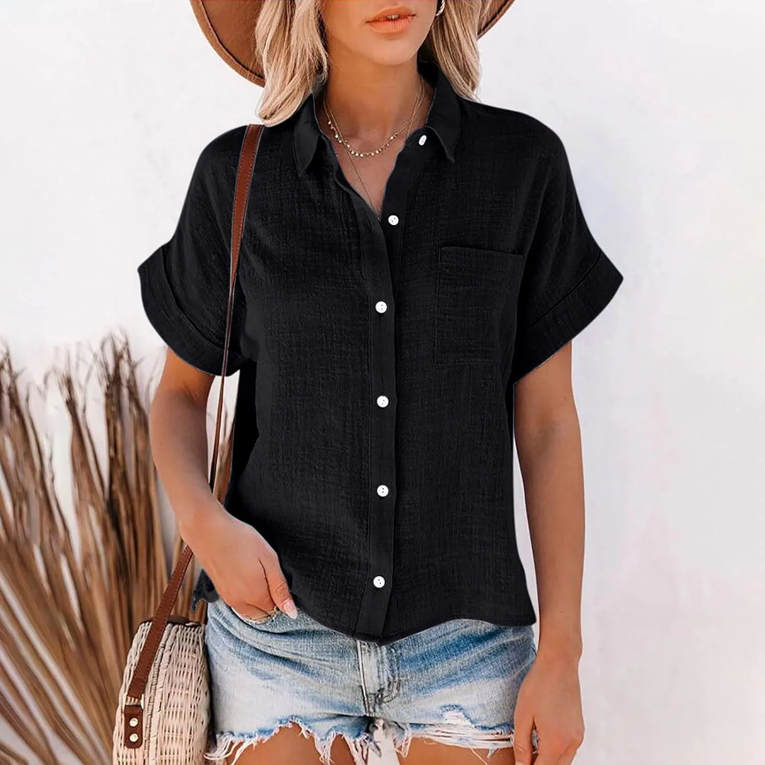 SMIDOW Womens Button Down Cotton Linen Shirts V Neck Roll Up Short Sleeve Blouses Loose Collared Shirt Casual Work Tops