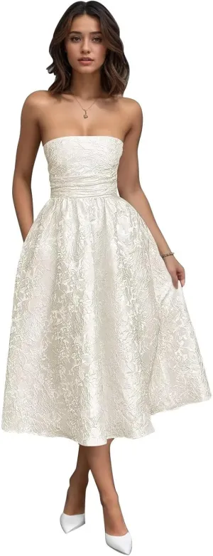 SoDigne Strapless Floral Jacquard Satin 2025 Midi Prom Dresses Tea Length A Line Evening Party Gown