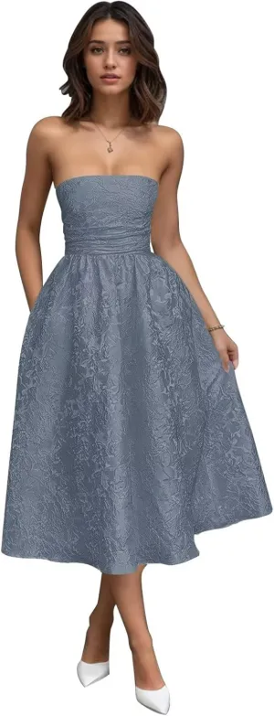 SoDigne Strapless Floral Jacquard Satin 2025 Midi Prom Dresses Tea Length A Line Evening Party Gown