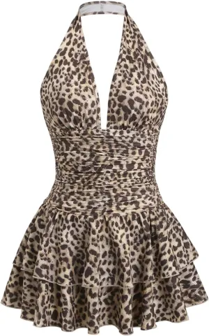 SOLY HUX Women's Halter Deep V Neck Ruffle Mini Dresses Sleeveless Flowy Sundresses Party Clubwear