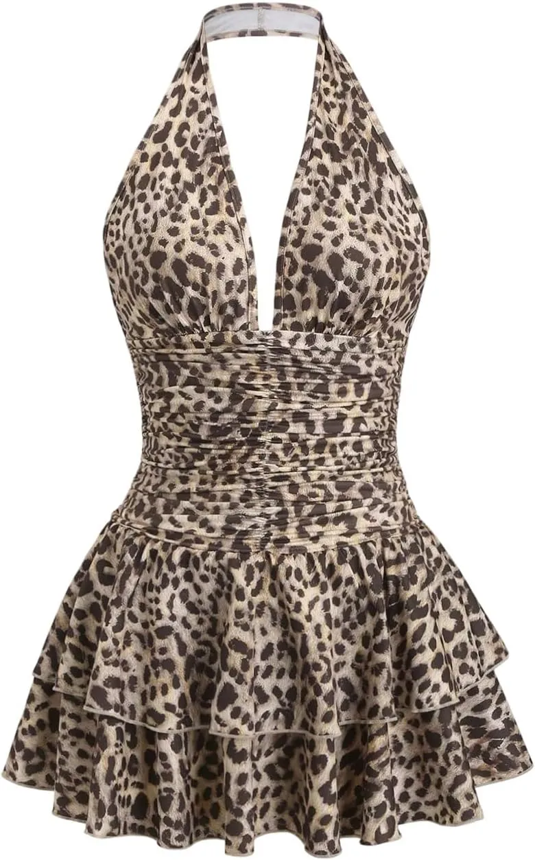 SOLY HUX Women's Halter Deep V Neck Ruffle Mini Dresses Sleeveless Flowy Sundresses Party Clubwear