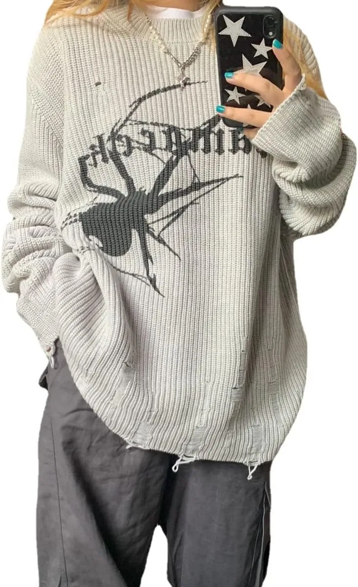 Spider Print Harajuku Thick Sweater Women Gothic Vintage Ripped Grunge Y2k Streetwear Oversize Hiphop Pullover