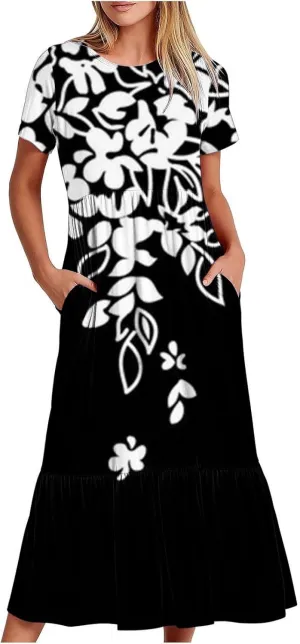 Spring Dresses for Women 2024 Trendy Short Sleeve Crewneck Flowy Tiered Midi Dress Casual Swing Beach Sundress with Pockets