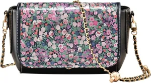 Spring Flowers Print Floral Leather Shoulder Bags Black Women Crossbody Purse Wallet Satchel with Chain Strap