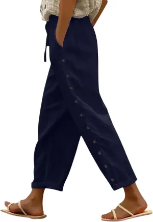 Striped Linen Pants Women Linen Capri Side Button Pants Lightweight Spring Summer Trouser for Women 2025 Beachwear