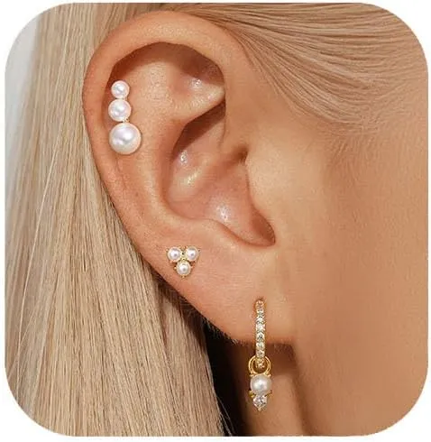 Stud Earrings for Women, Pearl Drop Earrings,14k Gold Plated Pearl Earrings,Classic Pearl Stud Earrings Sets,Trendy Cartilage Earring,Dainty Ear Crawler Earrings for Women