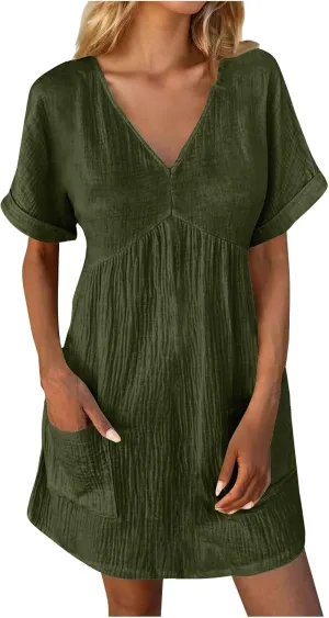 Summer Dress for Women 2024 Trendy Casual V-Neck Short Sleeve Solid Sundress Loose Flowy Beach Dress with Pockets