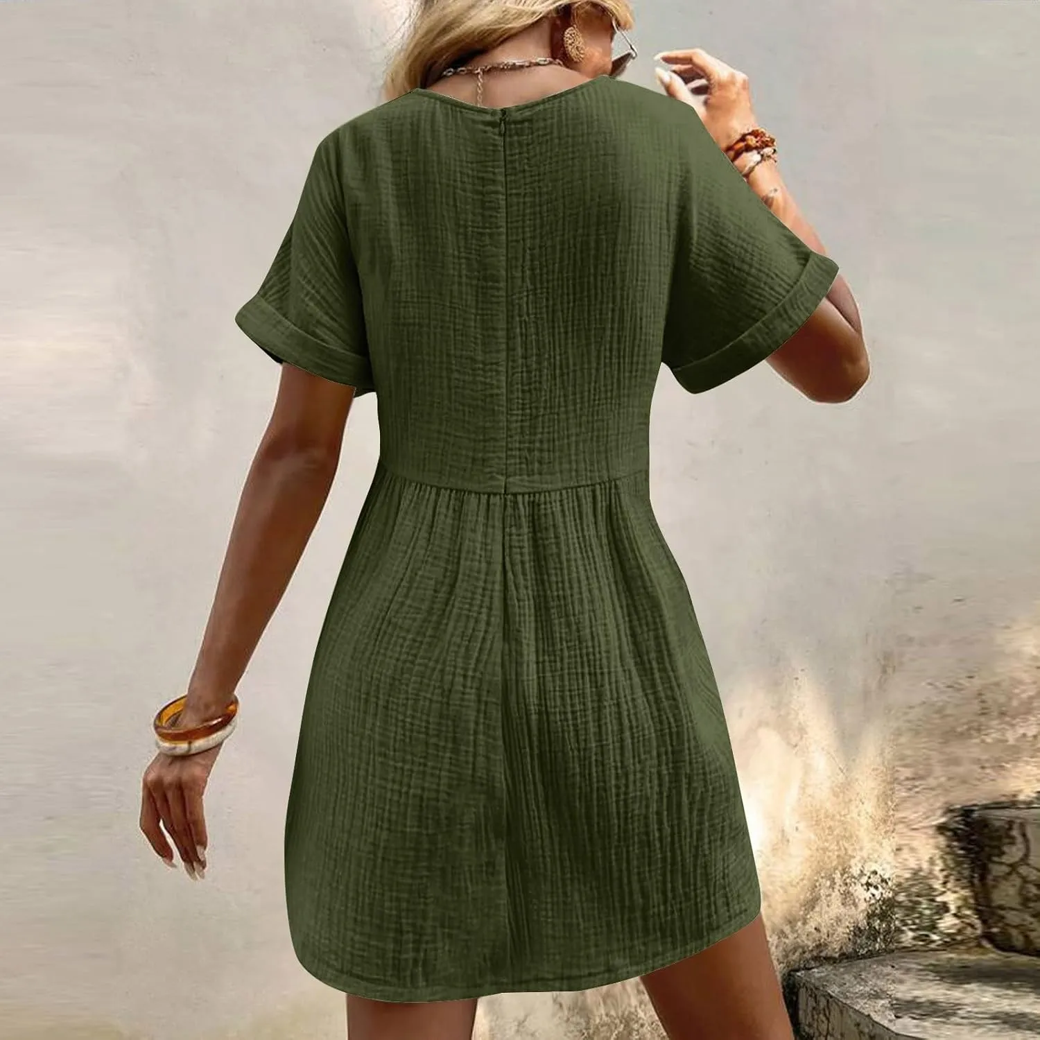 Summer Dress for Women 2024 Trendy Casual V-Neck Short Sleeve Solid Sundress Loose Flowy Beach Dress with Pockets