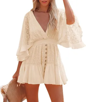 Summer Dresses for Women 2025 Elegant Deep V Neck Beach Vacation Sundresses Lace Ruffle Casual Flowy A Line Dress