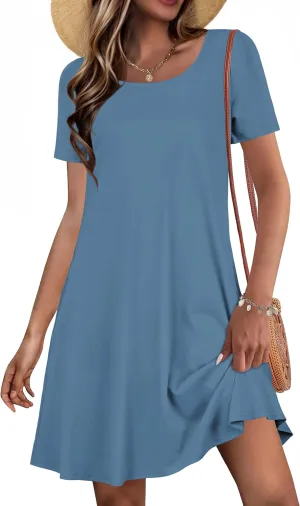 Summer Dresses for Women Casual Short Sleeve Sundress Scoop Neck Beach T Shirt Dress with Pockets