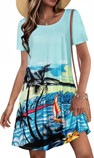 Summer Dresses for Women Casual Short Sleeve Sundress Scoop Neck Beach T Shirt Dress with Pockets