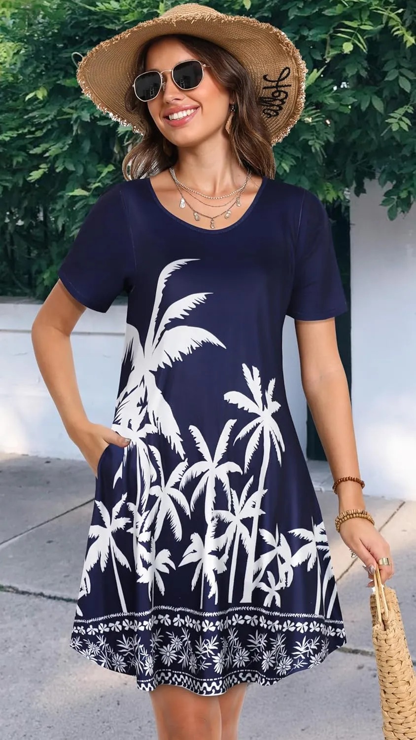 Summer Dresses for Women Casual Short Sleeve Sundress Scoop Neck Beach T Shirt Dress with Pockets