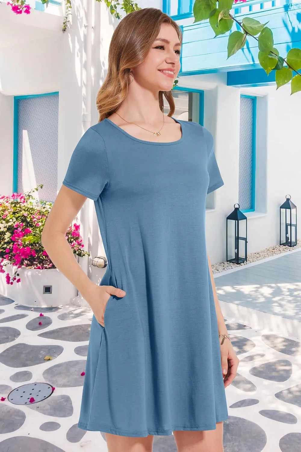 Summer Dresses for Women Casual Short Sleeve Sundress Scoop Neck Beach T Shirt Dress with Pockets