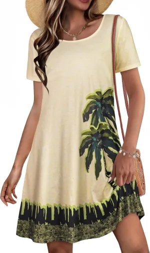 Summer Dresses for Women Casual Short Sleeve Sundress Scoop Neck Beach T Shirt Dress with Pockets