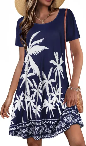 Summer Dresses for Women Casual Short Sleeve Sundress Scoop Neck Beach T Shirt Dress with Pockets