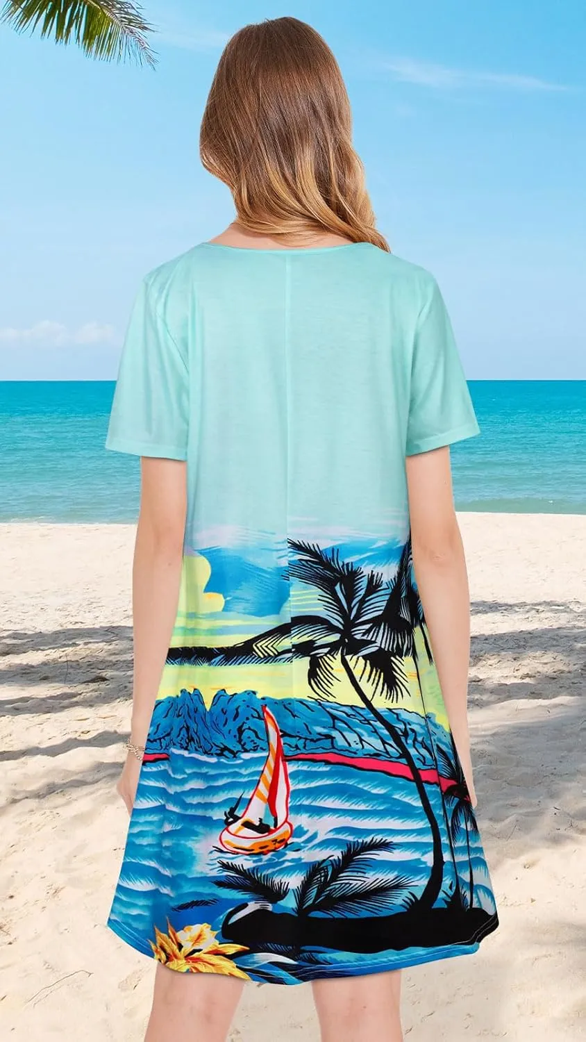 Summer Dresses for Women Casual Short Sleeve Sundress Scoop Neck Beach T Shirt Dress with Pockets