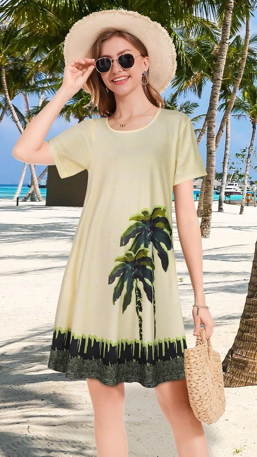Summer Dresses for Women Casual Short Sleeve Sundress Scoop Neck Beach T Shirt Dress with Pockets