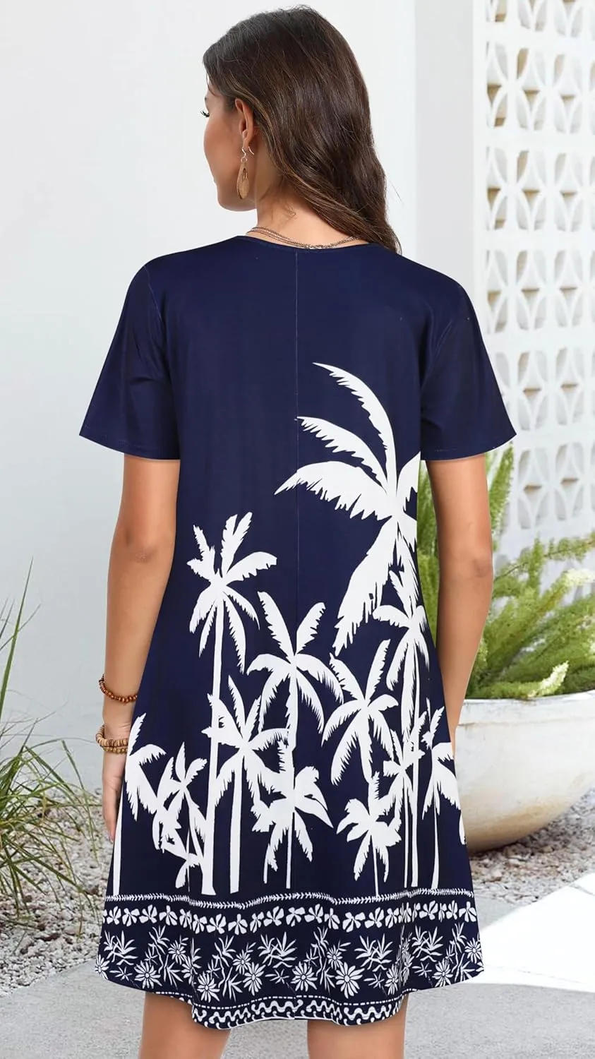 Summer Dresses for Women Casual Short Sleeve Sundress Scoop Neck Beach T Shirt Dress with Pockets