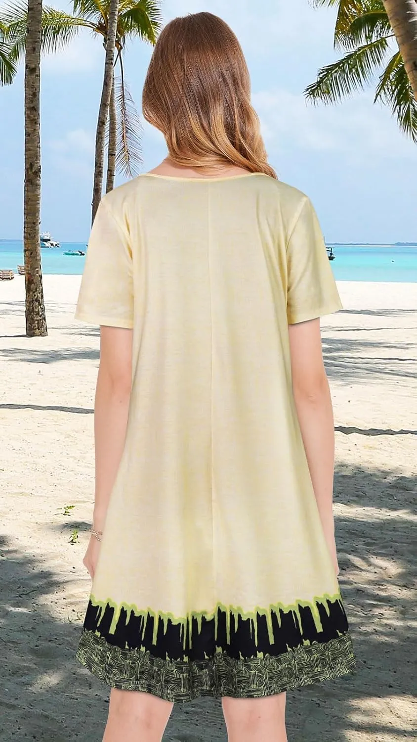 Summer Dresses for Women Casual Short Sleeve Sundress Scoop Neck Beach T Shirt Dress with Pockets