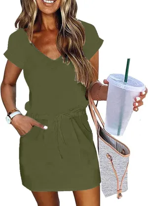 Summer Dresses for Women Short Sleeve Loose Tshirt Dress V-Neck Comfy Casual Sundresses with Pockets