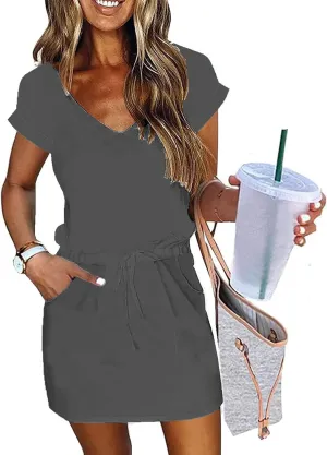 Summer Dresses for Women Short Sleeve Loose Tshirt Dress V-Neck Comfy Casual Sundresses with Pockets