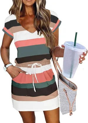 Summer Dresses for Women Short Sleeve Loose Tshirt Dress V-Neck Comfy Casual Sundresses with Pockets