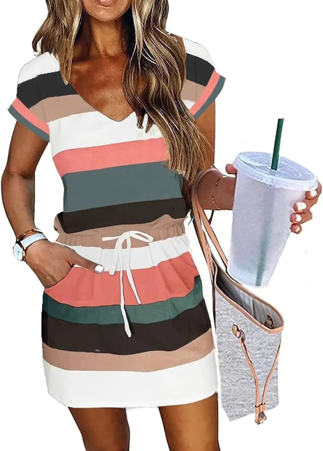 Summer Dresses for Women Short Sleeve Loose Tshirt Dress V-Neck Comfy Casual Sundresses with Pockets
