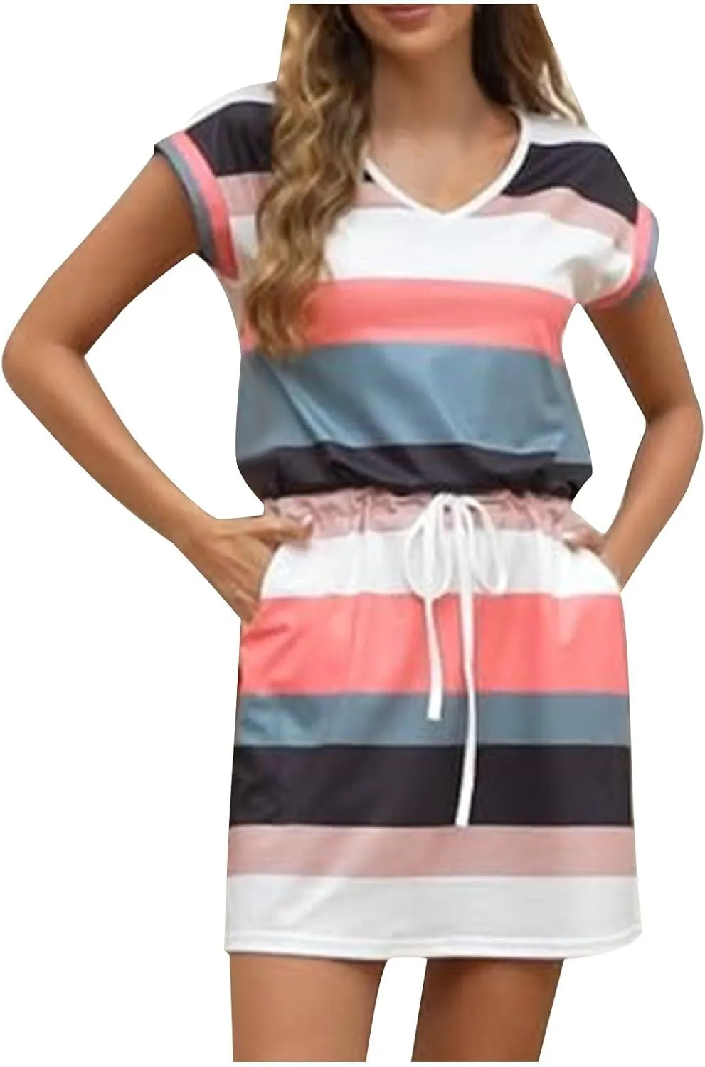 Summer Dresses for Women Short Sleeve Loose Tshirt Dress V-Neck Comfy Casual Sundresses with Pockets