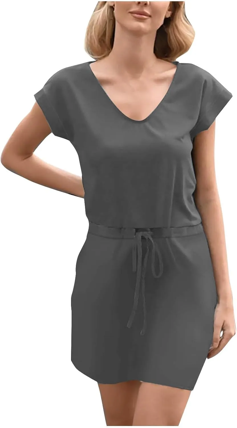 Summer Dresses for Women Short Sleeve Loose Tshirt Dress V-Neck Comfy Casual Sundresses with Pockets