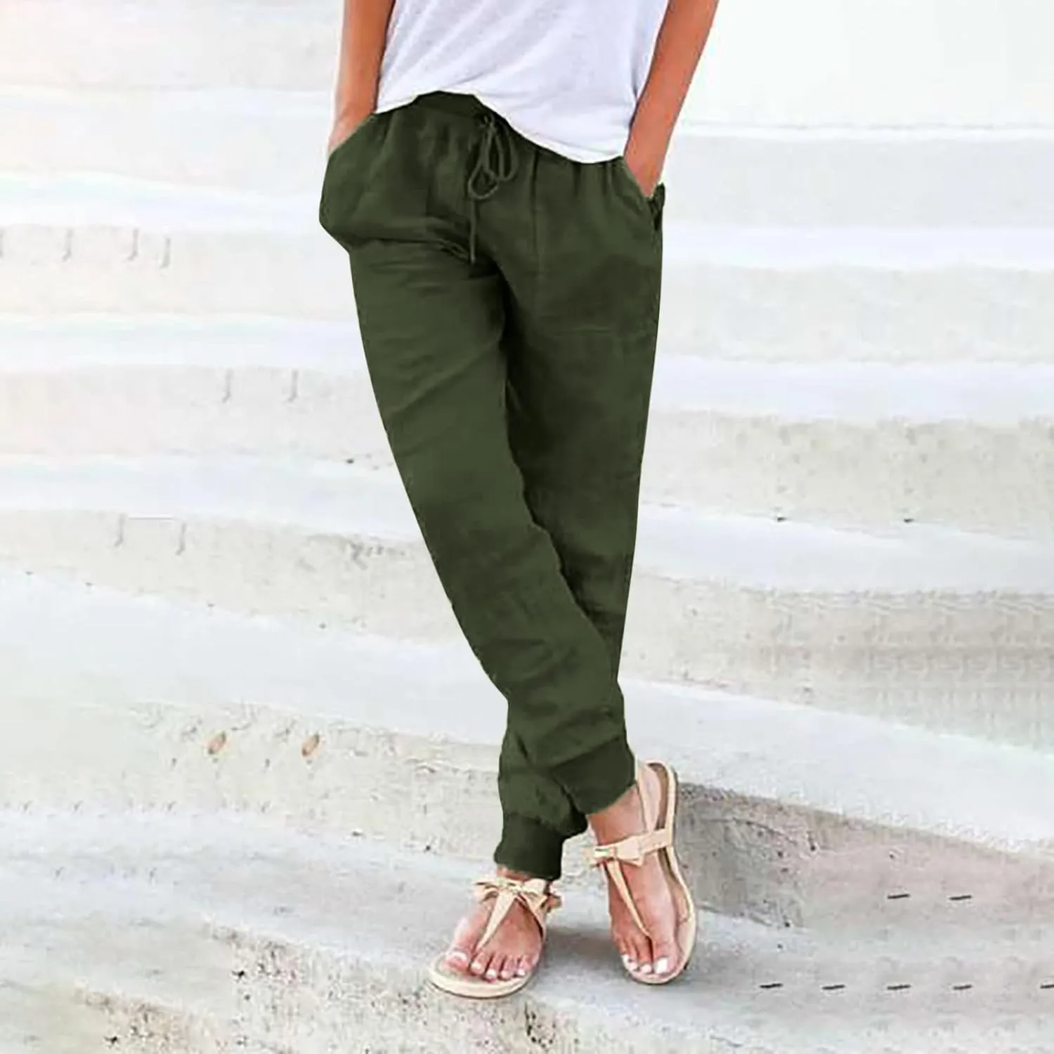 Summer Pants for Women 2025 Casual Drawstring High Waisted Linen Pants Beach Wide Leg Trousers with Pockets Summer