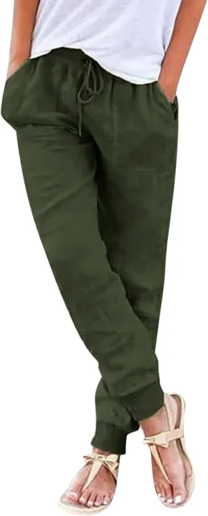 Summer Pants for Women 2025 Casual Drawstring High Waisted Linen Pants Beach Wide Leg Trousers with Pockets Summer