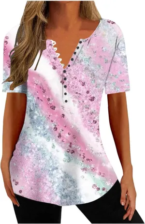 Summer Shirts for Women 2025 Plus Size Short Sleeve Henley Tops Marble Floral Loose Tshirt Tee Casual Dressy Tunics