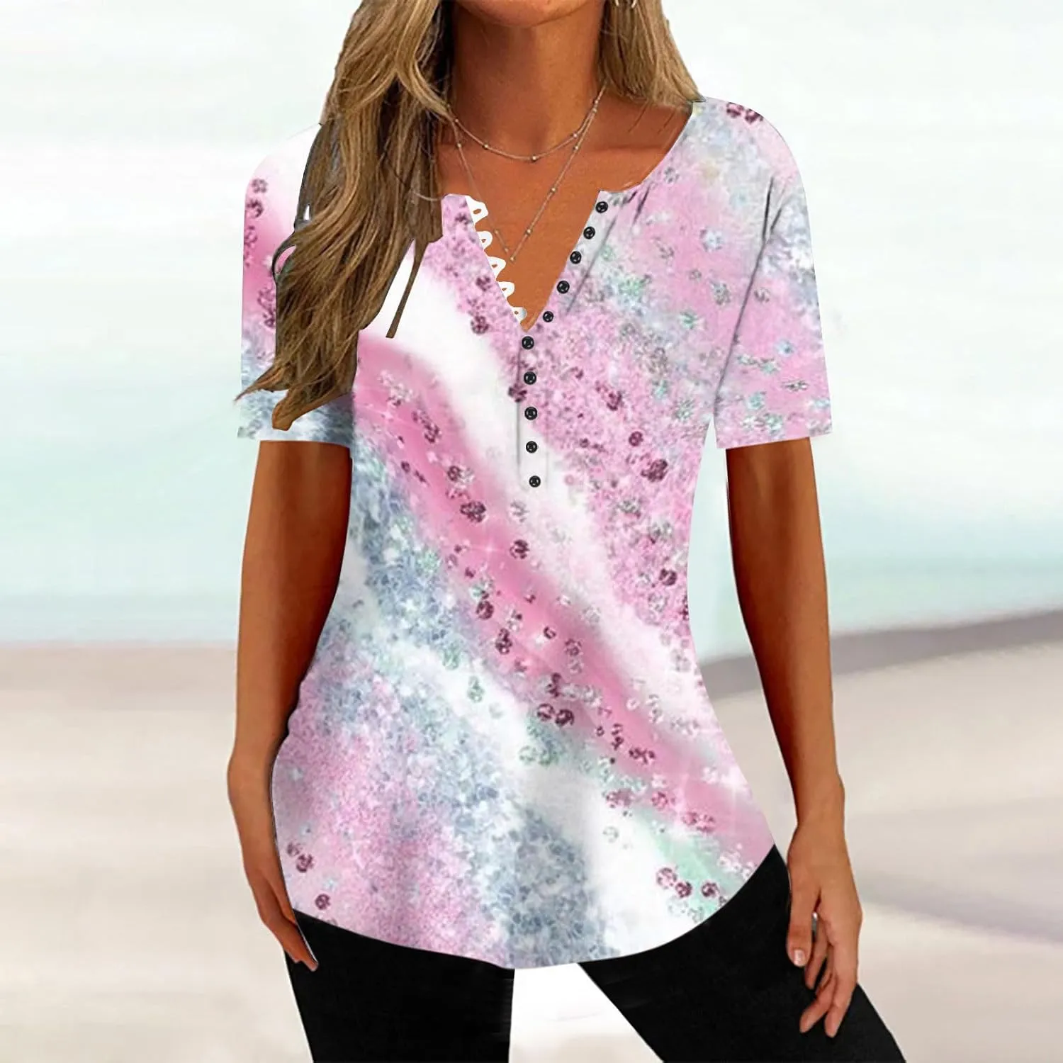 Summer Shirts for Women 2025 Plus Size Short Sleeve Henley Tops Marble Floral Loose Tshirt Tee Casual Dressy Tunics