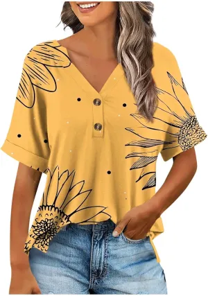 Summer Tops for Women 2025 Boho Short Sleeve V Neck Tunic Shirts Dressy Casual Floral Blouse Trendy Vacation Outfits