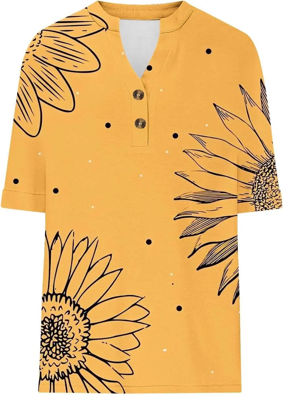 Summer Tops for Women 2025 Boho Short Sleeve V Neck Tunic Shirts Dressy Casual Floral Blouse Trendy Vacation Outfits