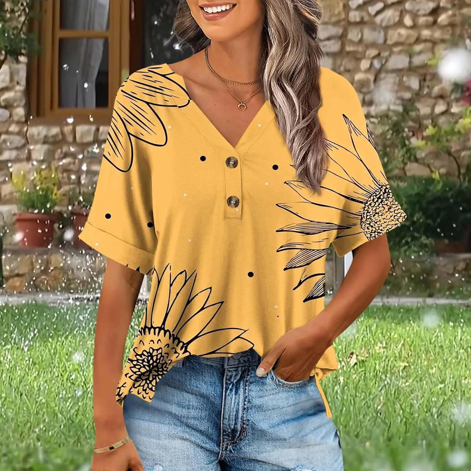 Summer Tops for Women 2025 Boho Short Sleeve V Neck Tunic Shirts Dressy Casual Floral Blouse Trendy Vacation Outfits