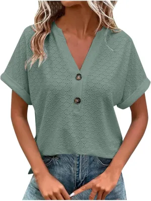 Summer Tops for Women Trendy 2025 Short Sleeve v Neck Eyelet Shirts Dressy Casual Loose Ladies Blouses Going Out