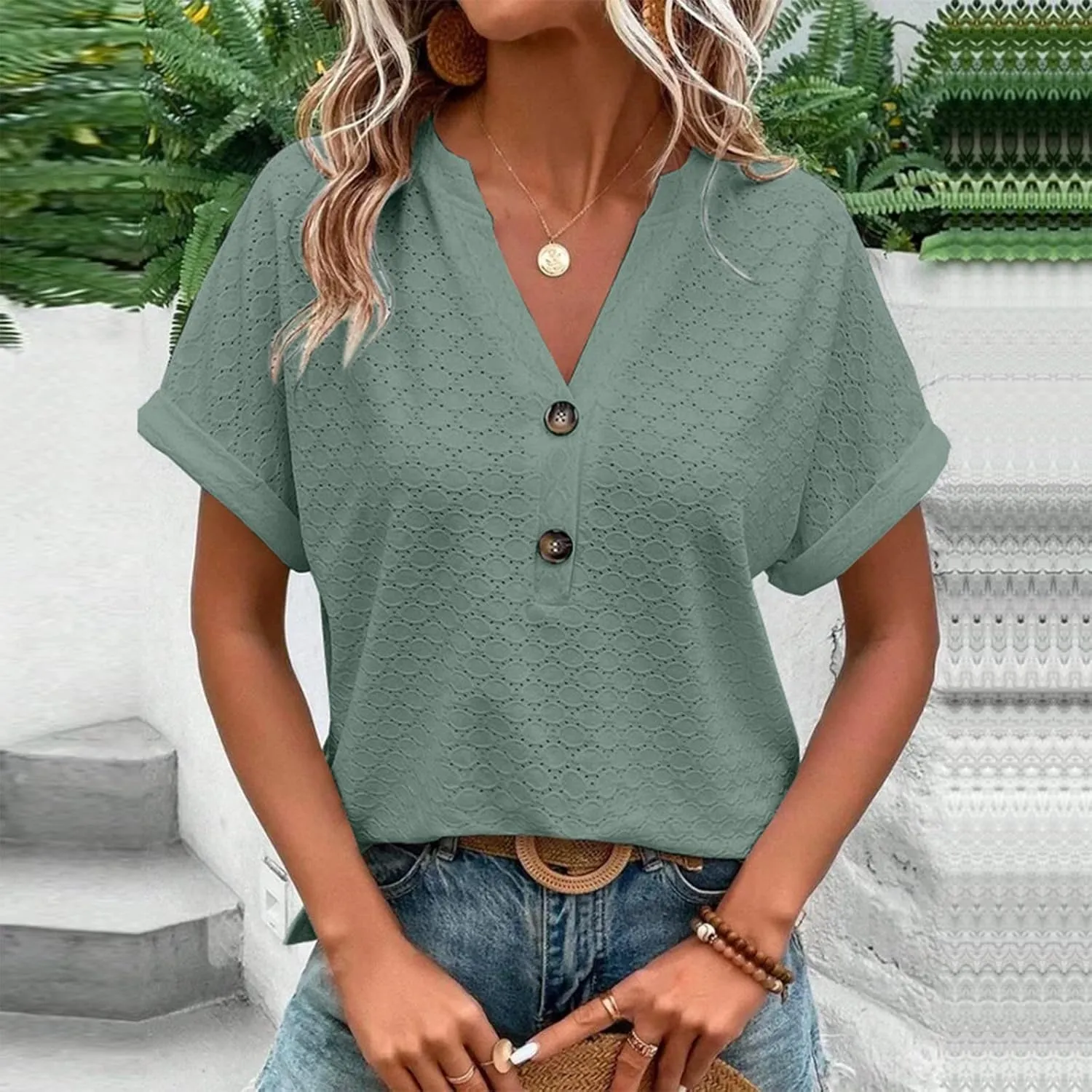 Summer Tops for Women Trendy 2025 Short Sleeve v Neck Eyelet Shirts Dressy Casual Loose Ladies Blouses Going Out