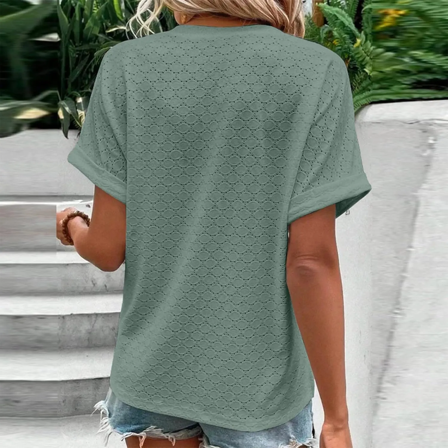 Summer Tops for Women Trendy 2025 Short Sleeve v Neck Eyelet Shirts Dressy Casual Loose Ladies Blouses Going Out
