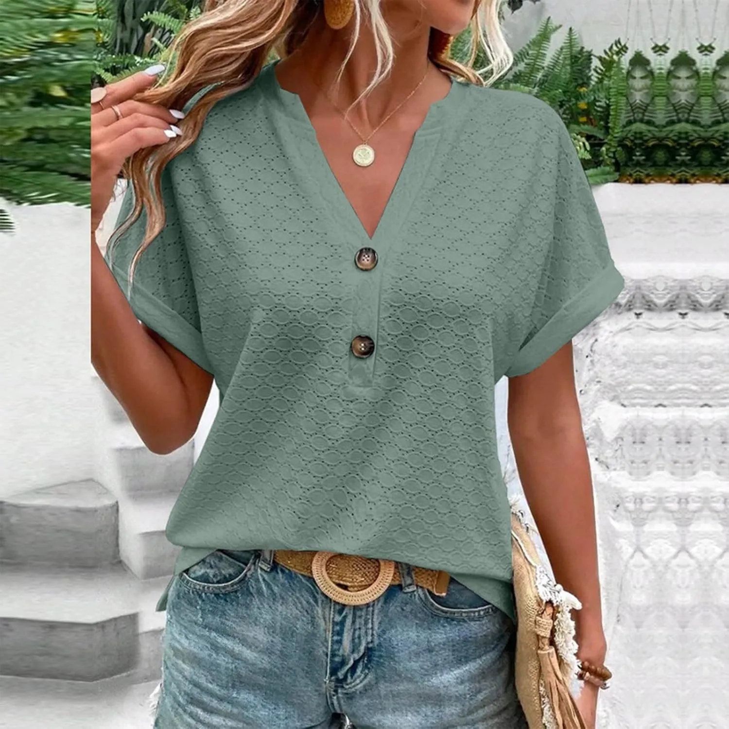 Summer Tops for Women Trendy 2025 Short Sleeve v Neck Eyelet Shirts Dressy Casual Loose Ladies Blouses Going Out
