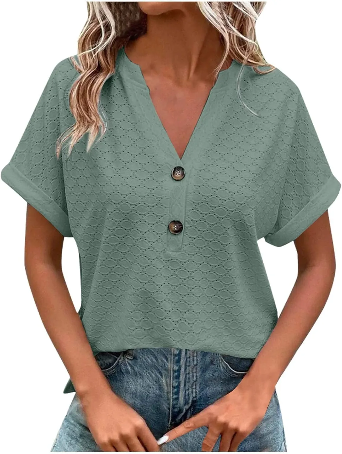 Summer Tops for Women Trendy 2025 Short Sleeve v Neck Eyelet Shirts Dressy Casual Loose Ladies Blouses Going Out