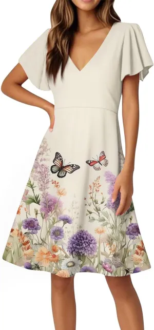 Summer Women's V Neck Knee Length Outdoor Dress 2025 Casual Floral Printed Dresses Bell Sleeve Vacation Beach Sundress