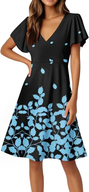 Summer Women's V Neck Knee Length Outdoor Dress 2025 Casual Floral Printed Dresses Bell Sleeve Vacation Beach Sundress