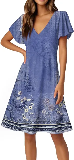 Summer Women's V Neck Knee Length Outdoor Dress 2025 Casual Floral Printed Dresses Bell Sleeve Vacation Beach Sundress